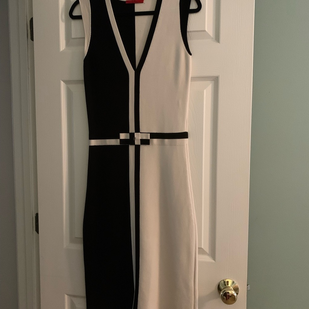 Carolina Herrera Black and White Sheath Dress V-Neck Sleeveless